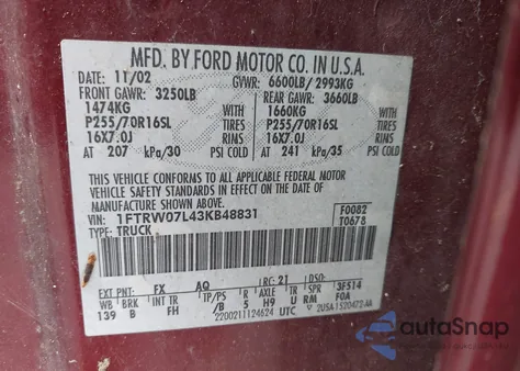 2003 Ford F-150 Lariat/Xlt from USA, damaged, VIN 1FTRW07L43KB48831